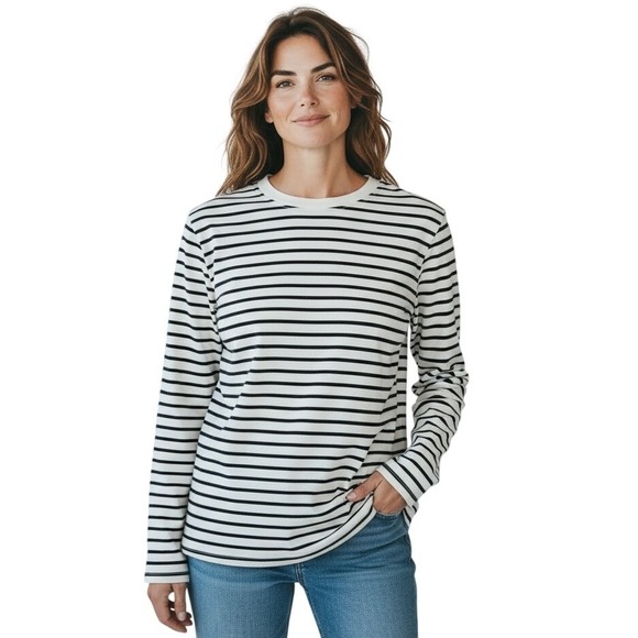 Quince Tops - New Quince‎ Womens Striped Long Sleeve Crew Neck Tee White Black Size 12